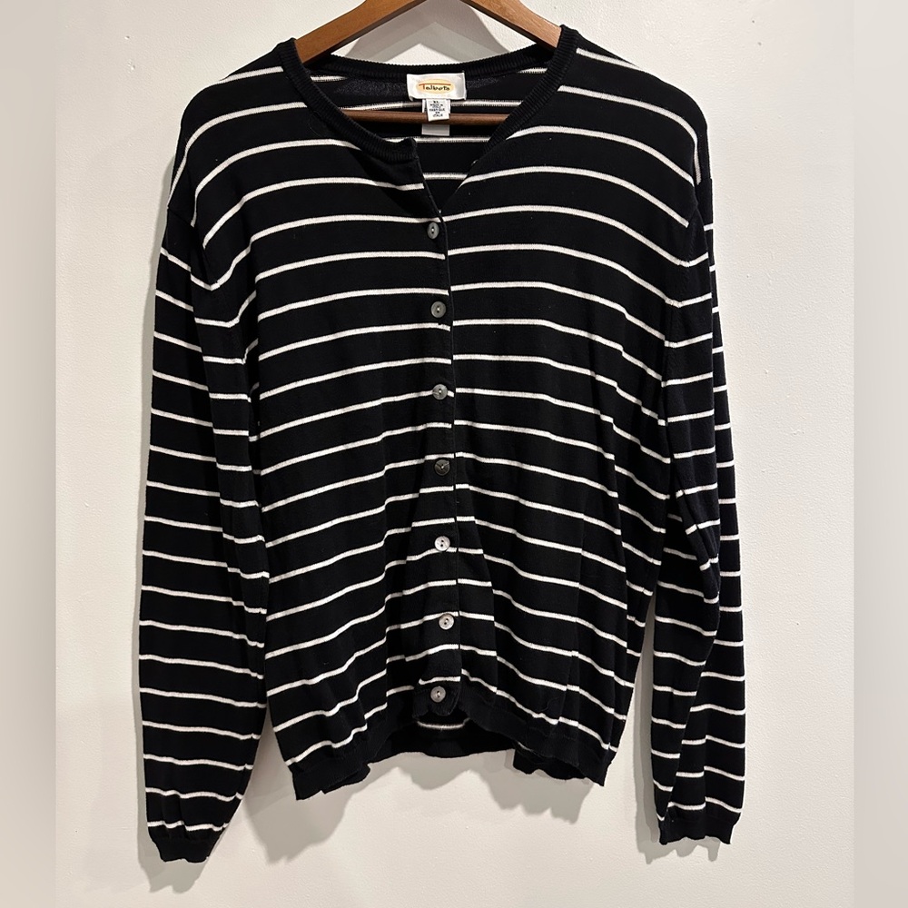 TALBOTS 100% Cotton Italy Striped Button Up Staple Cardigan Size XL‎